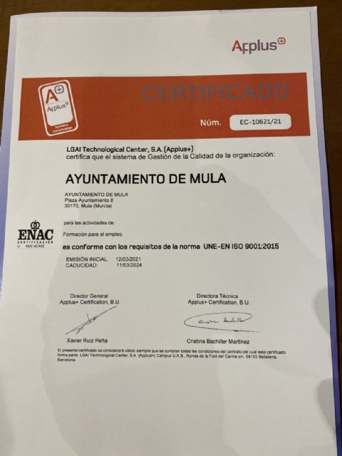 El Ayuntamiento de Mula recibe la acreditación ISO 9001 de Calidad de Formación