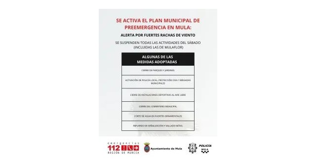 Mula activa el Plan Municipal de Preemergencia y suspende todas las actividades del sábado