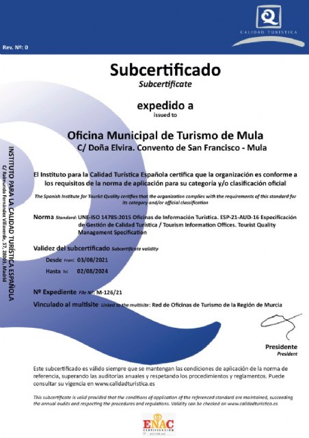 La Oficina de Turismo de Mula obtiene la Q de Calidad por la mejora continua de sus servicios