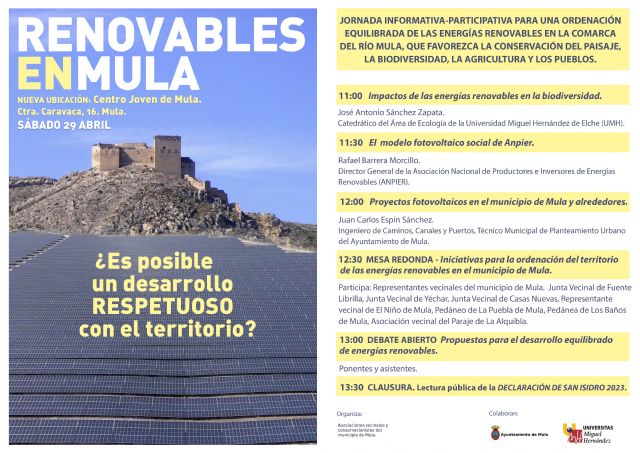 Una jornada ambiental en Mula reflexionará acerca del desarrollo equilibrado de las energías renovables en el territorio