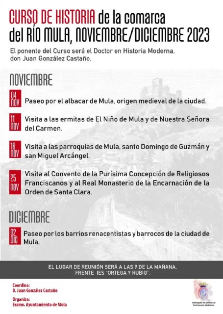 Cultura organiza un Curso de Historia de la Comarca del Río Mula durante los meses de noviembre y diciembre