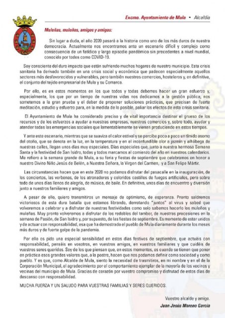 Carta del Alcalde a los ciudadanos de Mula. Septiembre 2020